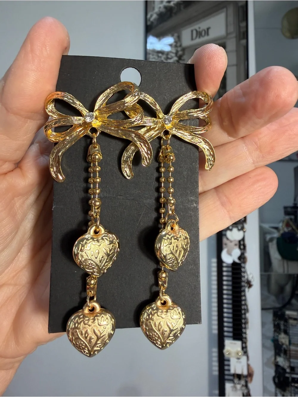 Gold Bow Drop Heart Earrings brand new layered look